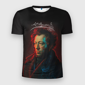 Мужская футболка 3D Slim с принтом Пушкин в неоновом свете в Петрозаводске, 100% полиэстер с улучшенными характеристиками | приталенный силуэт, круглая горловина, широкие плечи, сужается к линии бедра | 
