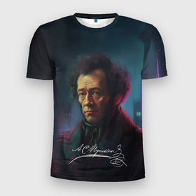 Мужская футболка 3D Slim с принтом Пушкин  в неоновом стиле в Екатеринбурге, 100% полиэстер с улучшенными характеристиками | приталенный силуэт, круглая горловина, широкие плечи, сужается к линии бедра | Тематика изображения на принте: 
