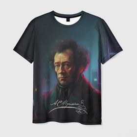Мужская футболка 3D с принтом Пушкин  в неоновом стиле в Екатеринбурге, 100% полиэфир | прямой крой, круглый вырез горловины, длина до линии бедер | 