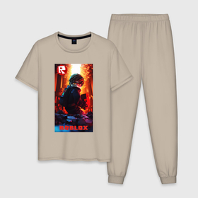 Мужская пижама хлопок с принтом Roblox fire background в Екатеринбурге, 100% хлопок | брюки и футболка прямого кроя, без карманов, на брюках мягкая резинка на поясе и по низу штанин
 | 