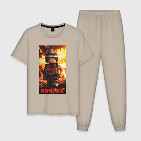 Мужская пижама хлопок с принтом Пожарный роблокс в Тюмени, 100% хлопок | брюки и футболка прямого кроя, без карманов, на брюках мягкая резинка на поясе и по низу штанин
 | 
