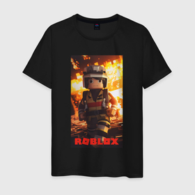 Мужская футболка хлопок с принтом Пожарный роблокс в Новосибирске, 100% хлопок | прямой крой, круглый вырез горловины, длина до линии бедер, слегка спущенное плечо. | 