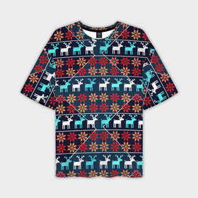 Мужская футболка oversize 3D с принтом Новогодние олени и снежинки узор в Курске,  |  | 