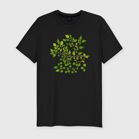 Мужская футболка хлопок Slim с принтом Ветка с светло зелеными листьями в Екатеринбурге, 92% хлопок, 8% лайкра | приталенный силуэт, круглый вырез ворота, длина до линии бедра, короткий рукав | 
