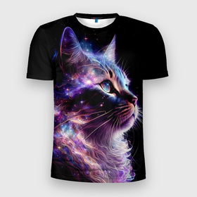 Мужская футболка 3D Slim с принтом Галактический кот в Екатеринбурге, 100% полиэстер с улучшенными характеристиками | приталенный силуэт, круглая горловина, широкие плечи, сужается к линии бедра | 