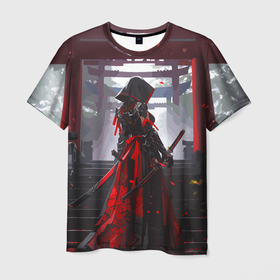 Мужская футболка 3D с принтом Девушка самурай и храм в Тюмени, 100% полиэфир | прямой крой, круглый вырез горловины, длина до линии бедер | 