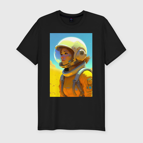 Мужская футболка хлопок Slim с принтом Девушка астронавт   нейросеть в Белгороде, 92% хлопок, 8% лайкра | приталенный силуэт, круглый вырез ворота, длина до линии бедра, короткий рукав | 