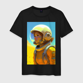 Мужская футболка хлопок с принтом Девушка астронавт   нейросеть в Санкт-Петербурге, 100% хлопок | прямой крой, круглый вырез горловины, длина до линии бедер, слегка спущенное плечо. | 