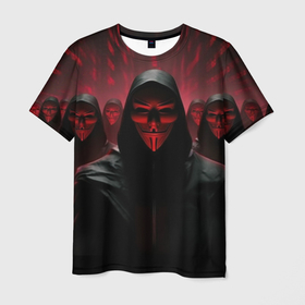 Мужская футболка 3D с принтом Анонимусы в красном свете в Екатеринбурге, 100% полиэфир | прямой крой, круглый вырез горловины, длина до линии бедер | 