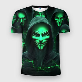 Мужская футболка 3D Slim с принтом Анонимусы в зеленом свете , 100% полиэстер с улучшенными характеристиками | приталенный силуэт, круглая горловина, широкие плечи, сужается к линии бедра | 