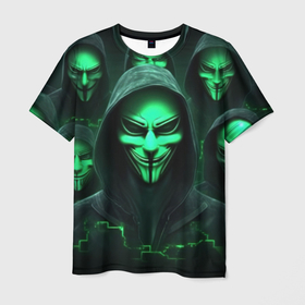 Мужская футболка 3D с принтом Анонимусы в зеленом свете в Кировске, 100% полиэфир | прямой крой, круглый вырез горловины, длина до линии бедер | 
