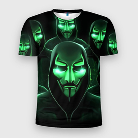 Мужская футболка 3D Slim с принтом Анонимусы зеленые маски , 100% полиэстер с улучшенными характеристиками | приталенный силуэт, круглая горловина, широкие плечи, сужается к линии бедра | 