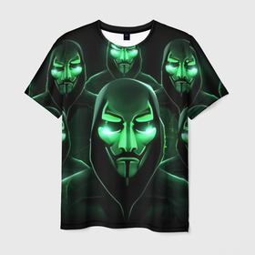 Мужская футболка 3D с принтом Анонимусы зеленые маски , 100% полиэфир | прямой крой, круглый вырез горловины, длина до линии бедер | 