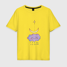 Мужская футболка хлопок Oversize с принтом Тучка с дождиком и луной в Курске, 100% хлопок | свободный крой, круглый ворот, “спинка” длиннее передней части | Тематика изображения на принте: 