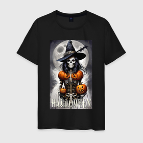 Мужская футболка хлопок с принтом Witch   skeleton   halloween в Кировске, 100% хлопок | прямой крой, круглый вырез горловины, длина до линии бедер, слегка спущенное плечо. | 