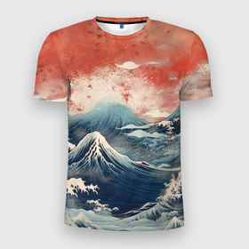 Мужская футболка 3D Slim с принтом Японское море в ретро стиле в Новосибирске, 100% полиэстер с улучшенными характеристиками | приталенный силуэт, круглая горловина, широкие плечи, сужается к линии бедра | 