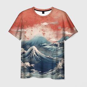 Мужская футболка 3D с принтом Японское море в ретро стиле в Новосибирске, 100% полиэфир | прямой крой, круглый вырез горловины, длина до линии бедер | 