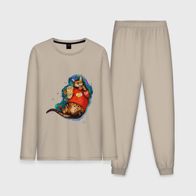 Мужская пижама с лонгсливом хлопок с принтом ленивый бенгальский кот с попкорном в Кировске,  |  | Тематика изображения на принте: 