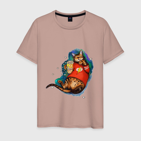 Мужская футболка хлопок с принтом ленивый бенгальский кот с попкорном в Кировске, 100% хлопок | прямой крой, круглый вырез горловины, длина до линии бедер, слегка спущенное плечо. | 