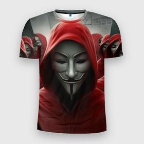Мужская футболка 3D Slim с принтом Анонимусы в красных капюшонах в Екатеринбурге, 100% полиэстер с улучшенными характеристиками | приталенный силуэт, круглая горловина, широкие плечи, сужается к линии бедра | 