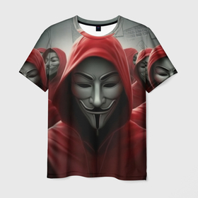 Мужская футболка 3D с принтом Анонимусы в красных капюшонах в Курске, 100% полиэфир | прямой крой, круглый вырез горловины, длина до линии бедер | 