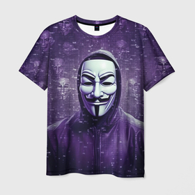 Мужская футболка 3D с принтом Анонимус фиолетовы свет в Екатеринбурге, 100% полиэфир | прямой крой, круглый вырез горловины, длина до линии бедер | 