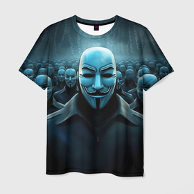 Мужская футболка 3D с принтом Анонимус синий свет в Екатеринбурге, 100% полиэфир | прямой крой, круглый вырез горловины, длина до линии бедер | 