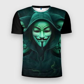 Мужская футболка 3D Slim с принтом Анонимус  зеленый свет в Екатеринбурге, 100% полиэстер с улучшенными характеристиками | приталенный силуэт, круглая горловина, широкие плечи, сужается к линии бедра | 