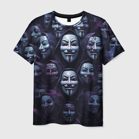 Мужская футболка 3D с принтом Анонимусы паттерн в Тюмени, 100% полиэфир | прямой крой, круглый вырез горловины, длина до линии бедер | 