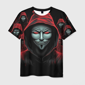 Мужская футболка 3D с принтом Анонимус красный капюшон в Курске, 100% полиэфир | прямой крой, круглый вырез горловины, длина до линии бедер | 
