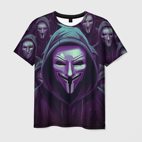 Мужская футболка 3D с принтом Банда анонимусов в Курске, 100% полиэфир | прямой крой, круглый вырез горловины, длина до линии бедер | 
