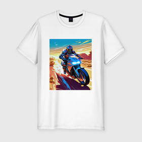 Мужская футболка хлопок Slim с принтом мотоциклист в пустыне в Курске, 92% хлопок, 8% лайкра | приталенный силуэт, круглый вырез ворота, длина до линии бедра, короткий рукав | 