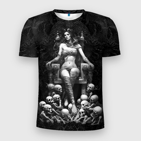 Мужская футболка 3D Slim с принтом Ведьма на троне из черепов в Белгороде, 100% полиэстер с улучшенными характеристиками | приталенный силуэт, круглая горловина, широкие плечи, сужается к линии бедра | 