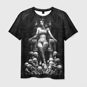 Мужская футболка 3D с принтом Ведьма на троне из черепов в Белгороде, 100% полиэфир | прямой крой, круглый вырез горловины, длина до линии бедер | 