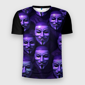 Мужская футболка 3D Slim с принтом Анонимусы фиолетовый паттерн в Екатеринбурге, 100% полиэстер с улучшенными характеристиками | приталенный силуэт, круглая горловина, широкие плечи, сужается к линии бедра | Тематика изображения на принте: 