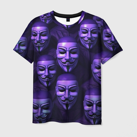 Мужская футболка 3D с принтом Анонимусы фиолетовый паттерн в Тюмени, 100% полиэфир | прямой крой, круглый вырез горловины, длина до линии бедер | 