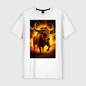 Мужская футболка хлопок Slim с принтом Свирепый буйвол в Екатеринбурге, 92% хлопок, 8% лайкра | приталенный силуэт, круглый вырез ворота, длина до линии бедра, короткий рукав | Тематика изображения на принте: 