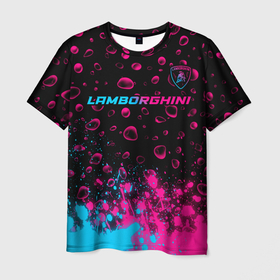 Мужская футболка 3D с принтом Lamborghini   neon gradient: символ сверху в Курске, 100% полиэфир | прямой крой, круглый вырез горловины, длина до линии бедер | 