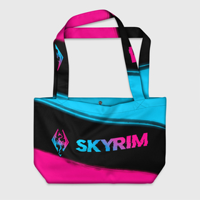 Пляжная сумка 3D с принтом Skyrim   neon gradient: надпись и символ в Белгороде, 100% полиэстер | застегивается на металлическую кнопку; внутренний карман застегивается на молнию. Стенки укреплены специальным мягким материалом, чтобы защитить содержимое от несильных ударов
 | 