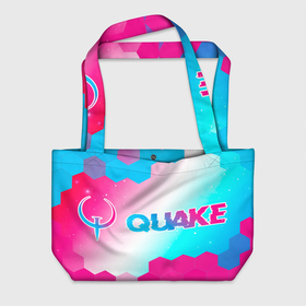 Пляжная сумка 3D с принтом Quake neon gradient style: надпись и символ в Санкт-Петербурге, 100% полиэстер | застегивается на металлическую кнопку; внутренний карман застегивается на молнию. Стенки укреплены специальным мягким материалом, чтобы защитить содержимое от несильных ударов
 | 