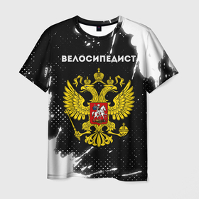Мужская футболка 3D с принтом Велосипедист из России и герб РФ в Кировске, 100% полиэфир | прямой крой, круглый вырез горловины, длина до линии бедер | 