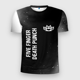 Мужская футболка 3D Slim с принтом Five Finger Death Punch glitch на темном фоне: надпись, символ в Белгороде, 100% полиэстер с улучшенными характеристиками | приталенный силуэт, круглая горловина, широкие плечи, сужается к линии бедра | Тематика изображения на принте: 