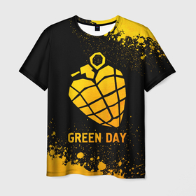 Мужская футболка 3D с принтом Green Day   gold gradient в Санкт-Петербурге, 100% полиэфир | прямой крой, круглый вырез горловины, длина до линии бедер | Тематика изображения на принте: 