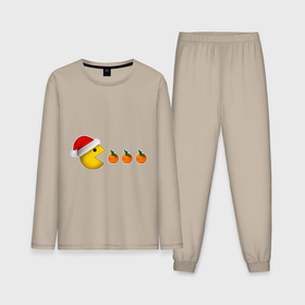 Мужская пижама с лонгсливом хлопок с принтом Новогодний пэкмэн с мандаринами в Курске,  |  | Тематика изображения на принте: 