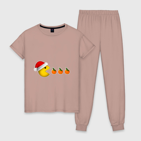 Женская пижама хлопок с принтом новогодний пэкмэн с мандаринами в Курске, 100% хлопок | брюки и футболка прямого кроя, без карманов, на брюках мягкая резинка на поясе и по низу штанин | 