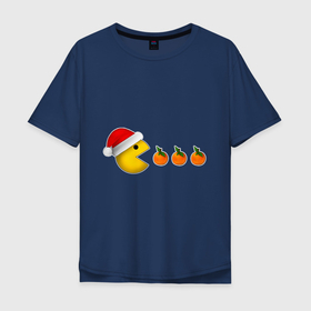 Мужская футболка хлопок Oversize с принтом Новогодний пэкмэн с мандаринами в Курске, 100% хлопок | свободный крой, круглый ворот, “спинка” длиннее передней части | 