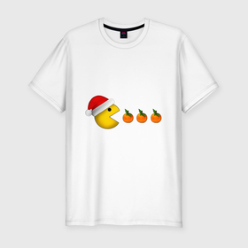 Мужская футболка хлопок Slim с принтом Новогодний пэкмэн с мандаринами в Екатеринбурге, 92% хлопок, 8% лайкра | приталенный силуэт, круглый вырез ворота, длина до линии бедра, короткий рукав | Тематика изображения на принте: 