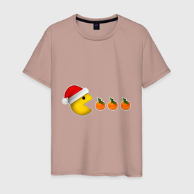 Мужская футболка хлопок с принтом Новогодний пэкмэн с мандаринами в Санкт-Петербурге, 100% хлопок | прямой крой, круглый вырез горловины, длина до линии бедер, слегка спущенное плечо. | 