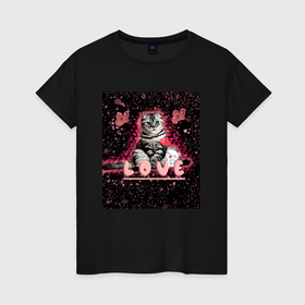 Женская футболка хлопок с принтом My favorite kitten в Петрозаводске, 100% хлопок | прямой крой, круглый вырез горловины, длина до линии бедер, слегка спущенное плечо | 