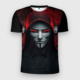 Мужская футболка 3D Slim с принтом Анонимусы в красном свете в Екатеринбурге, 100% полиэстер с улучшенными характеристиками | приталенный силуэт, круглая горловина, широкие плечи, сужается к линии бедра | 